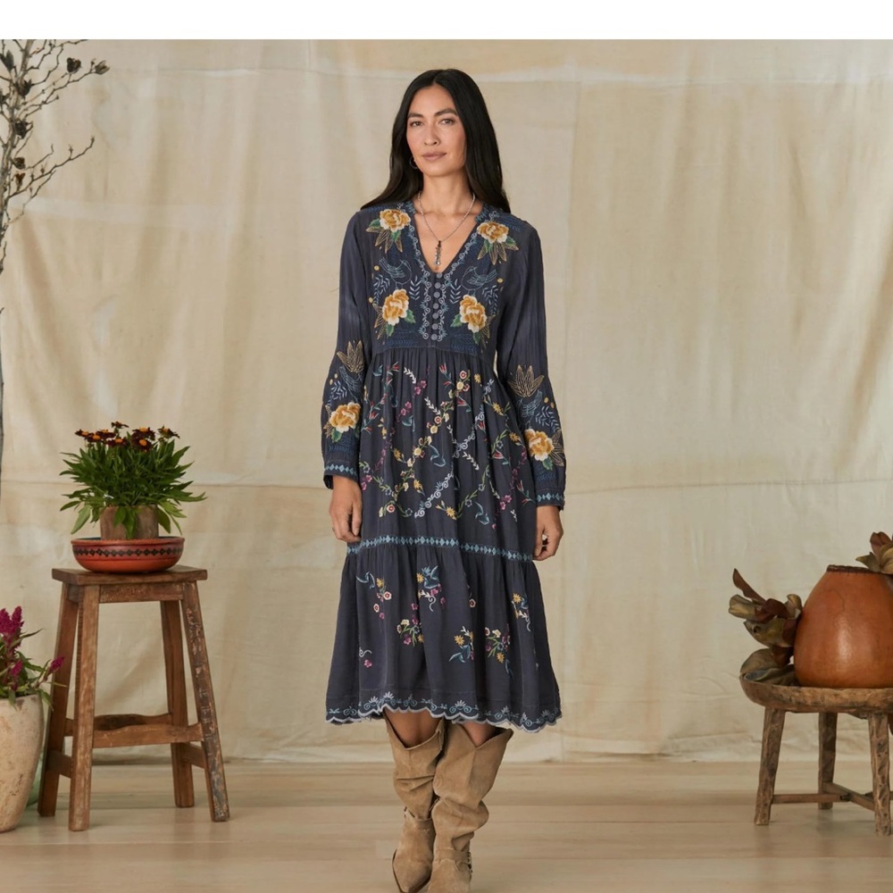 Johnny Was Floral Dina Embroidered Navy Dress
